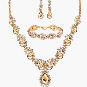 Gold Plating Rhinestone Champagne Crystal Necklace Bracelet Earrings Set